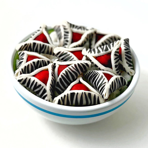 purim zebra hamantaschen in a bowl