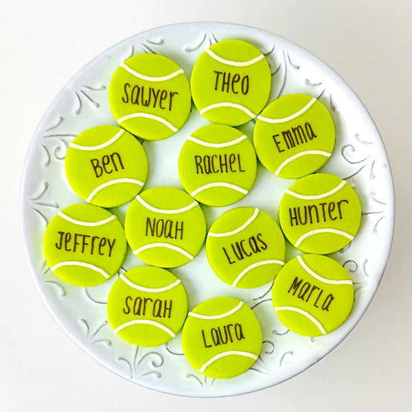 personalized tennis ball candy tiles on a plate