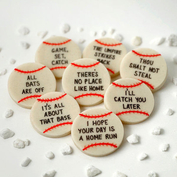 baseball pun marzipan tiles flatlay