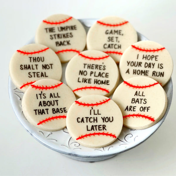 baseball pun marzipan tiles on a plate
