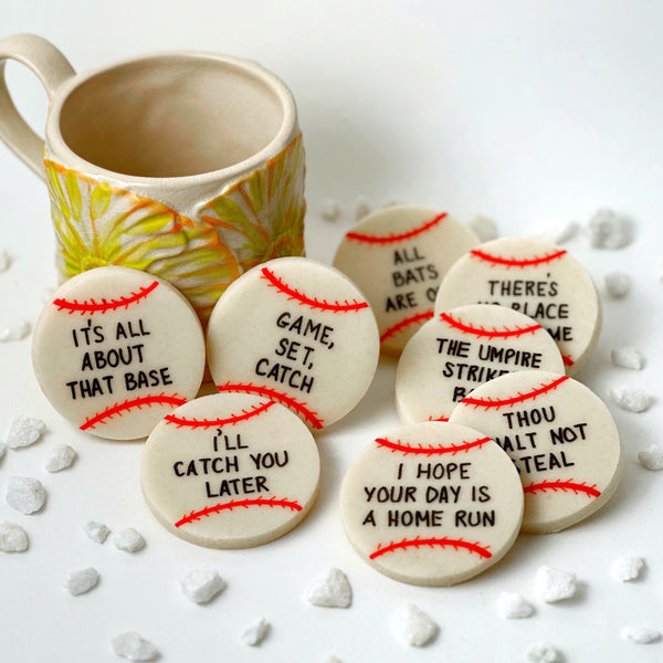baseball pun marzipan tiles with a mug