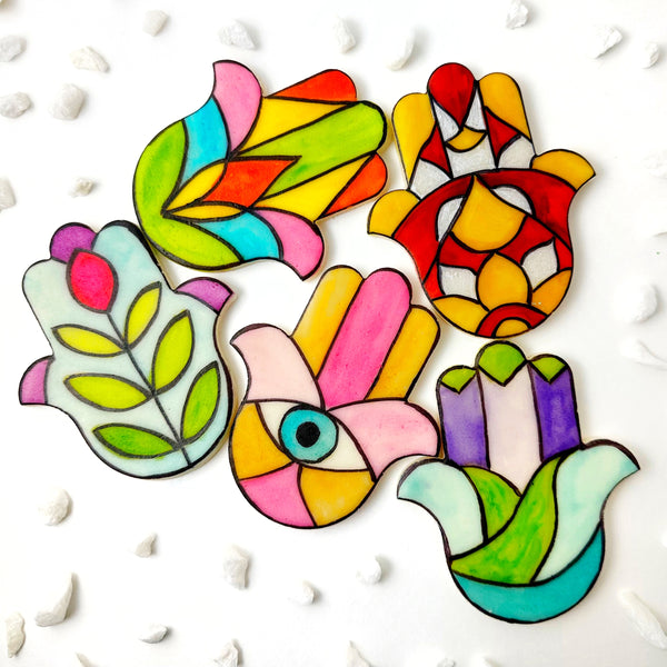 stained glass hamsa flatlay