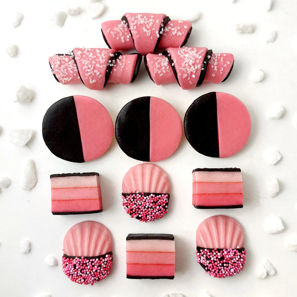 pink marzipan cookies flatlay