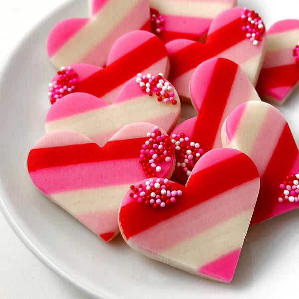 striped valentine's day hearts closeup on a plate