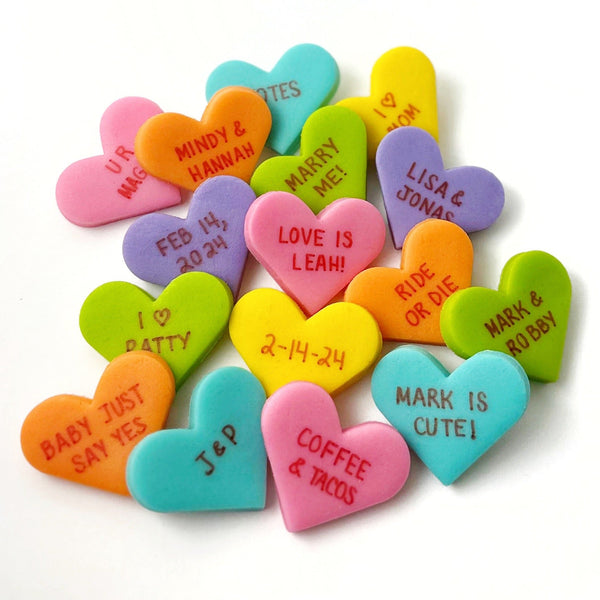 personalized conversation hearts flatlay