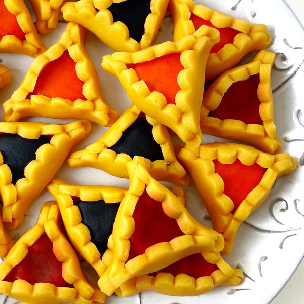 Purim vegan gluten-free purim hamantaschen marzipan candy sculpture treats