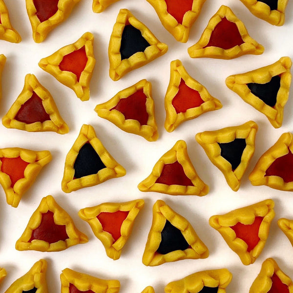 Purim vegan gluten-free hamantaschen mini marzipan candy bites closeup