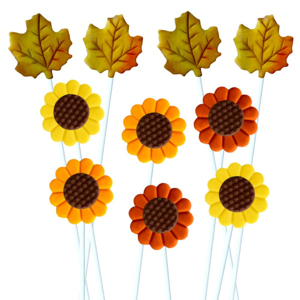 Thanksgiving autumn sunflowers and maple leaves marzipan candy lollipops