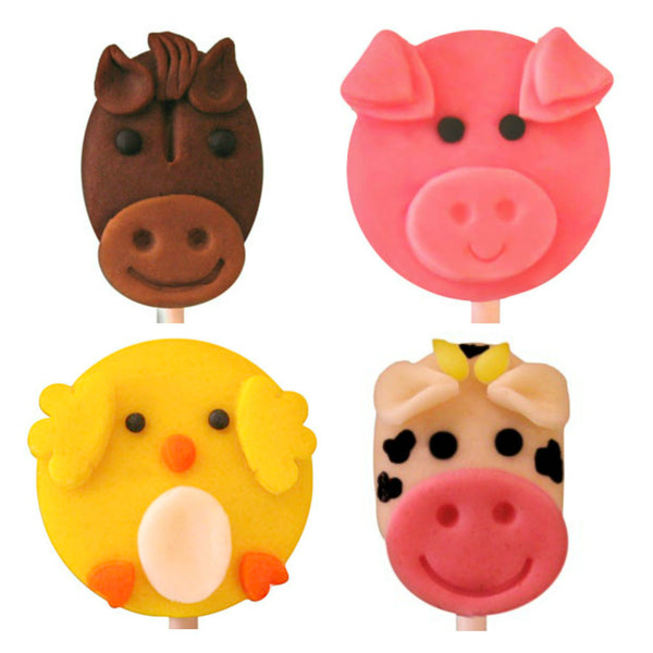 cow, chick, pig and horse farm animals marzipan candy lollipops