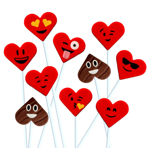 Valentine's Day red emoji hearts with poop marzipan candy lollipops