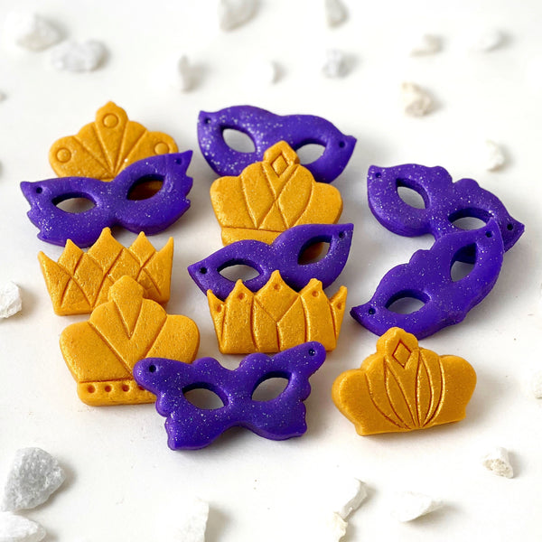 purim masks crowns marzipan candy in a pile
