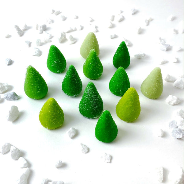 mini green Christmas tree marzipan candy sculpture treats top view