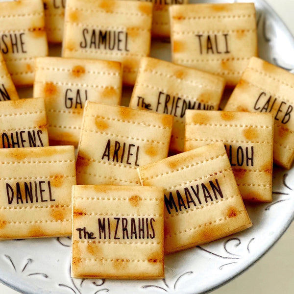 personalized marzipan matzah place settings closeup