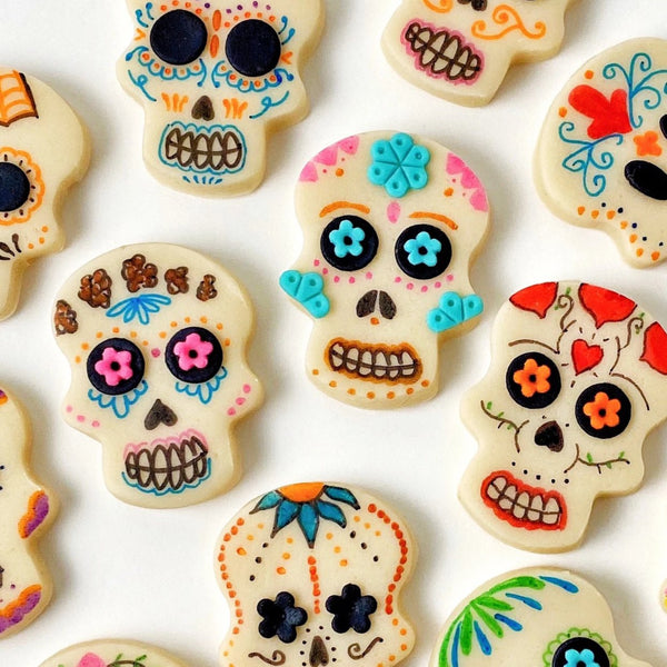 Halloween Day of the Dead modern sugar skull marzipan candy tiles flatlay