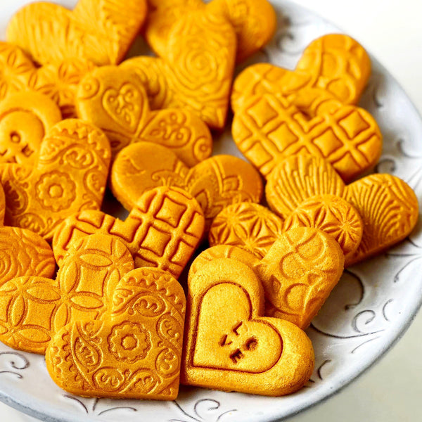 marzipan luxe gold hearts valentine's day on a plate closeup