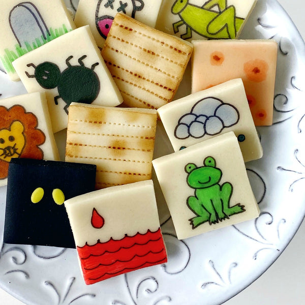 passover seder ten plagues and matzah marzipan tiles close up