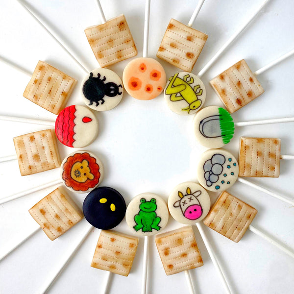 Passover Seder candy matzah ten plagues with frogs marzipan lollipops in a circle
