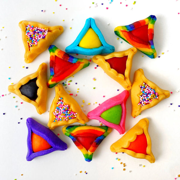 purim hamantaschen variety marzipan flatlay