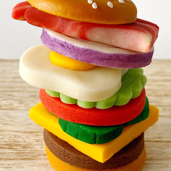 picnic foodie hamburger marzipan candy treats stack super closeup