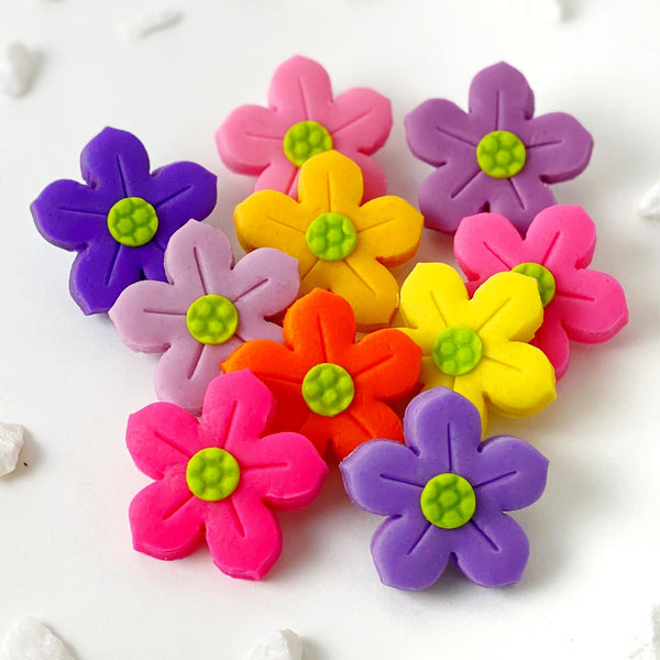 colorful marzipan candy flowers layout