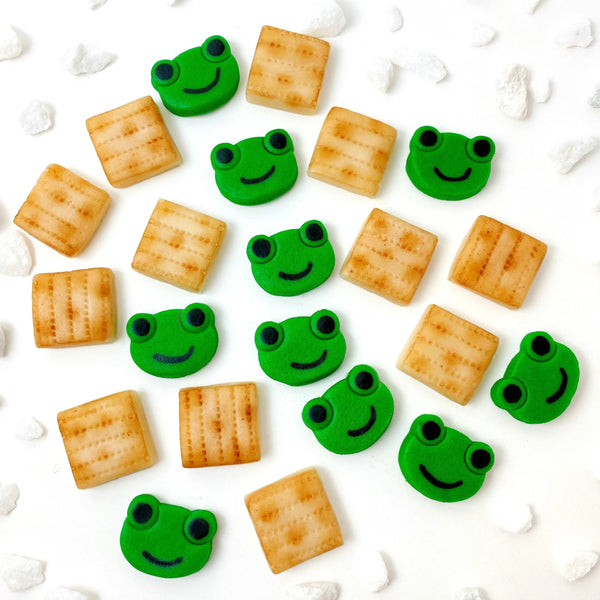 Passover matzah & green frogs mini marzipan candy bites flatlay