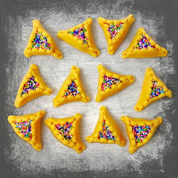 Purim vegan gluten-free purim sprinkle hamantaschen marzipan candy sculpture treats
