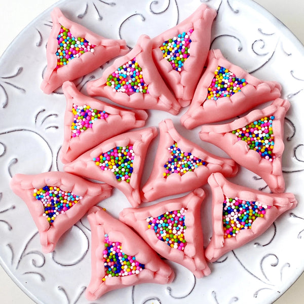 Purim vegan gluten-free purim sprinkle pink hamantaschen marzipan candy sculpture treats