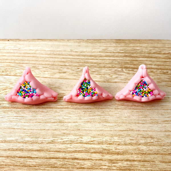 Purim vegan gluten-free purim sprinkle pink hamantaschen marzipan candy sculpture treats three across