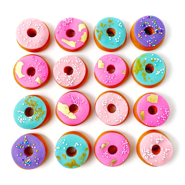 mini marzipan donuts sprinkles candy sculpture treats flatlay