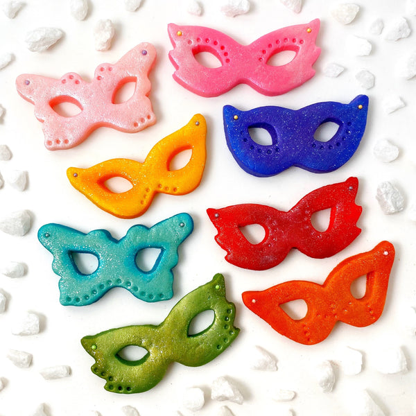 Purim rainbow glitter masks marzipan candy treats