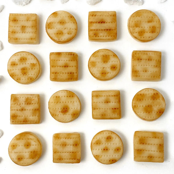 Passover round & square matzah mini marzipan candy bites in a grid