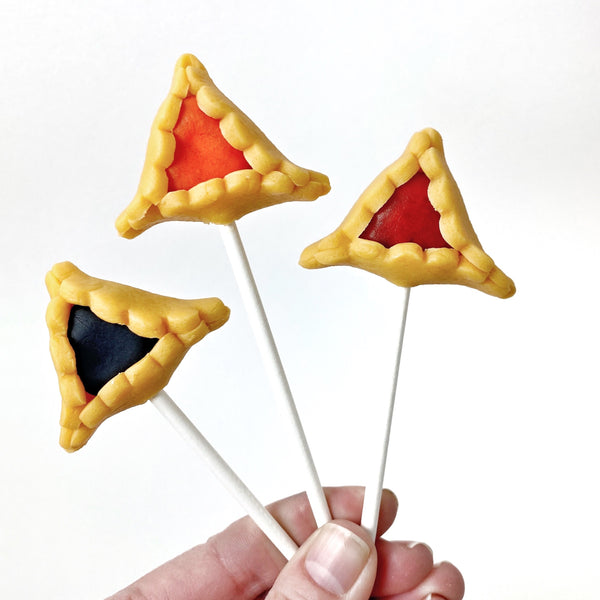 Purim vegan gluten-free assorted hamantaschen marzipan candy lollipops trio