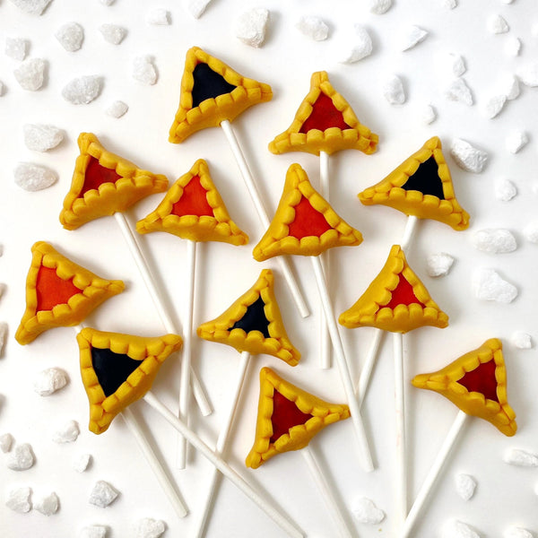 Purim vegan gluten-free assorted hamantaschen marzipan candy lollipops