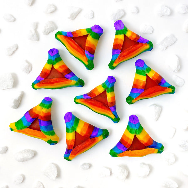 Purim vegan gluten-free rainbow purim hamantaschen marzipan candy sculpture treats flatlay