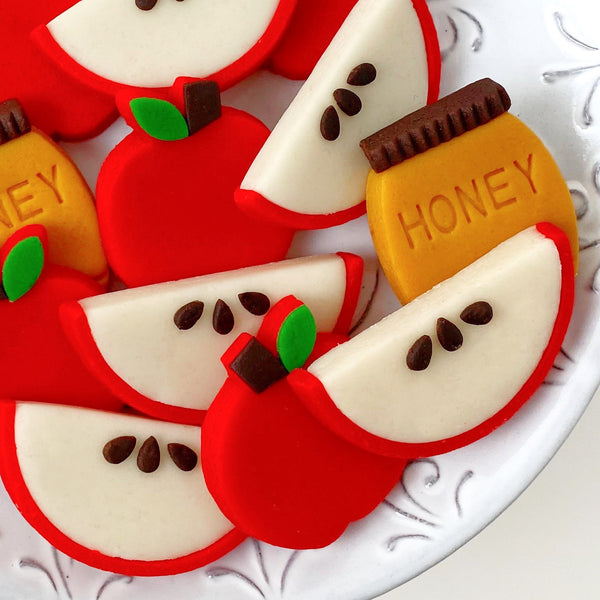Rosh Hashanah marzipan cookie gift apples & honey closeup