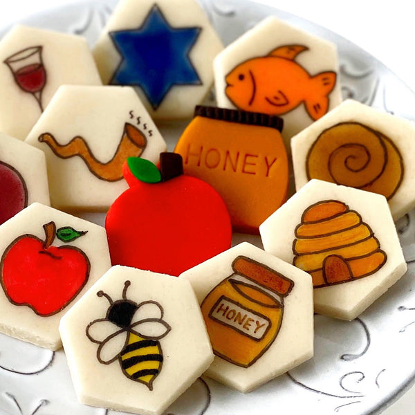 rosh hashanah hand-drawn marzipan candy tile treats closeup