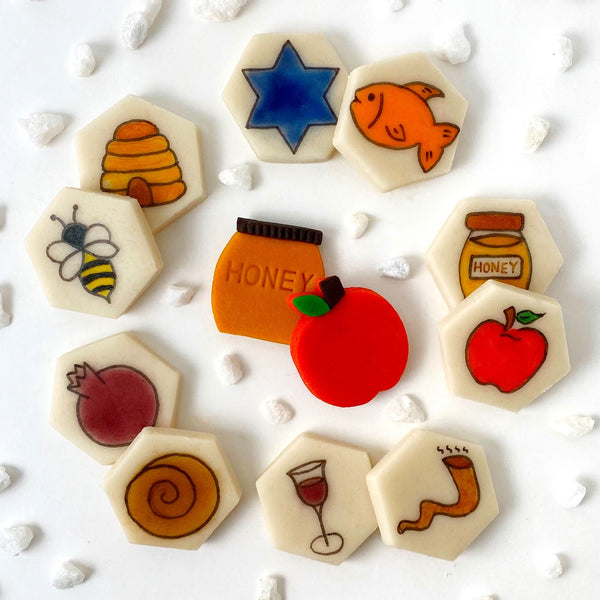 rosh hashanah hand-drawn marzipan candy tile treats flatlay