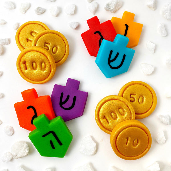 Hanukkah dreidel and gold gelt marzipan candy tiles dozen