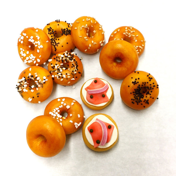 mini bagels with poppy, sesame and lox marzipan candy sculpture treats in an assortment