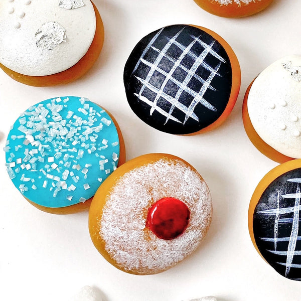 Hanukkah Sufganiyot Donuts Marzipan Gift Box for the Festival of Lights closeup