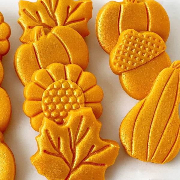golden thanksgiving marzipan tiles flatlay closeup
