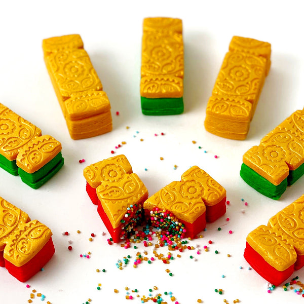 marzipan christmas crackers traditional colors flatlay