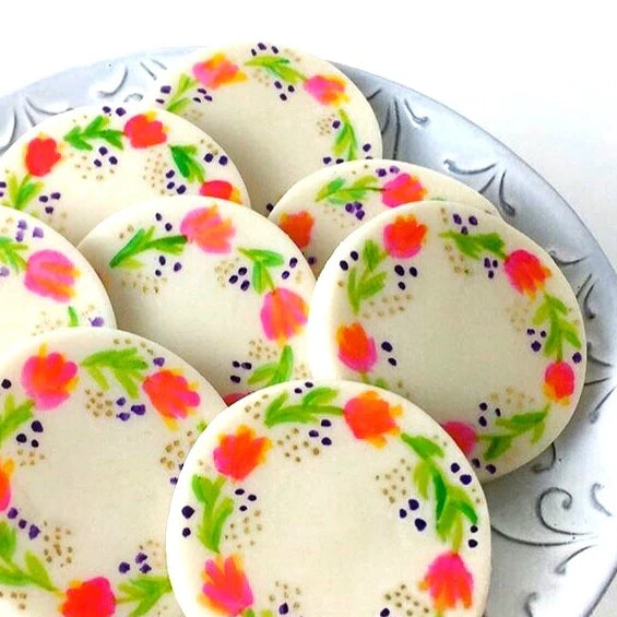 watercolor flower discs marzipan candy tile treats
