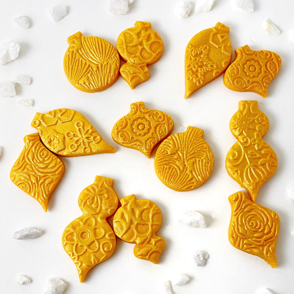luxe gold marzipan christmas ornaments assorted layout