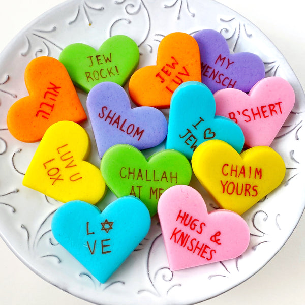 Valentines Jewish conversation hearts tu b'av on a plate
