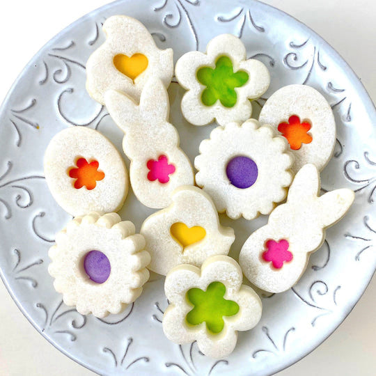 easter linzer marzipan cookies on a plate