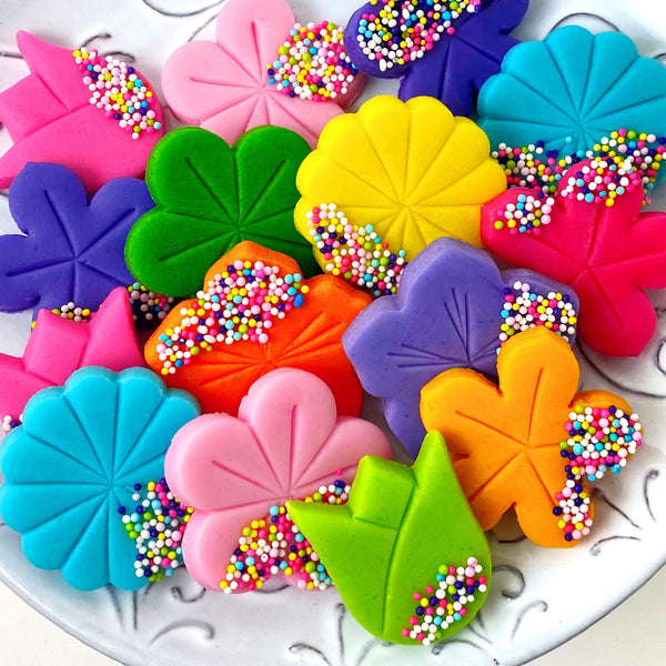 rainbow sprinkle flower marzipan candy tiles  closeup