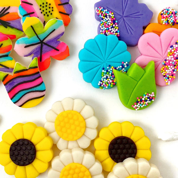 flower sampler mothers day marzipan candy tiles closeup