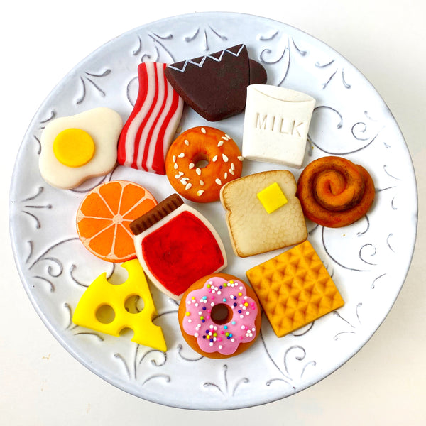 brunch breakfast marzipan candy tiles on a plate