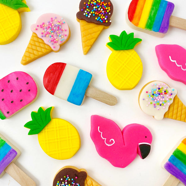 A delcious collection of tropical marzipan candy for summer.  Favors for birthdays, pool parties, hawaiian parties, luau parties and summer celebration. Pineapples, flamingos, ice cream cones and popsicles. Cool vegan treats and yummy gift idea -collage